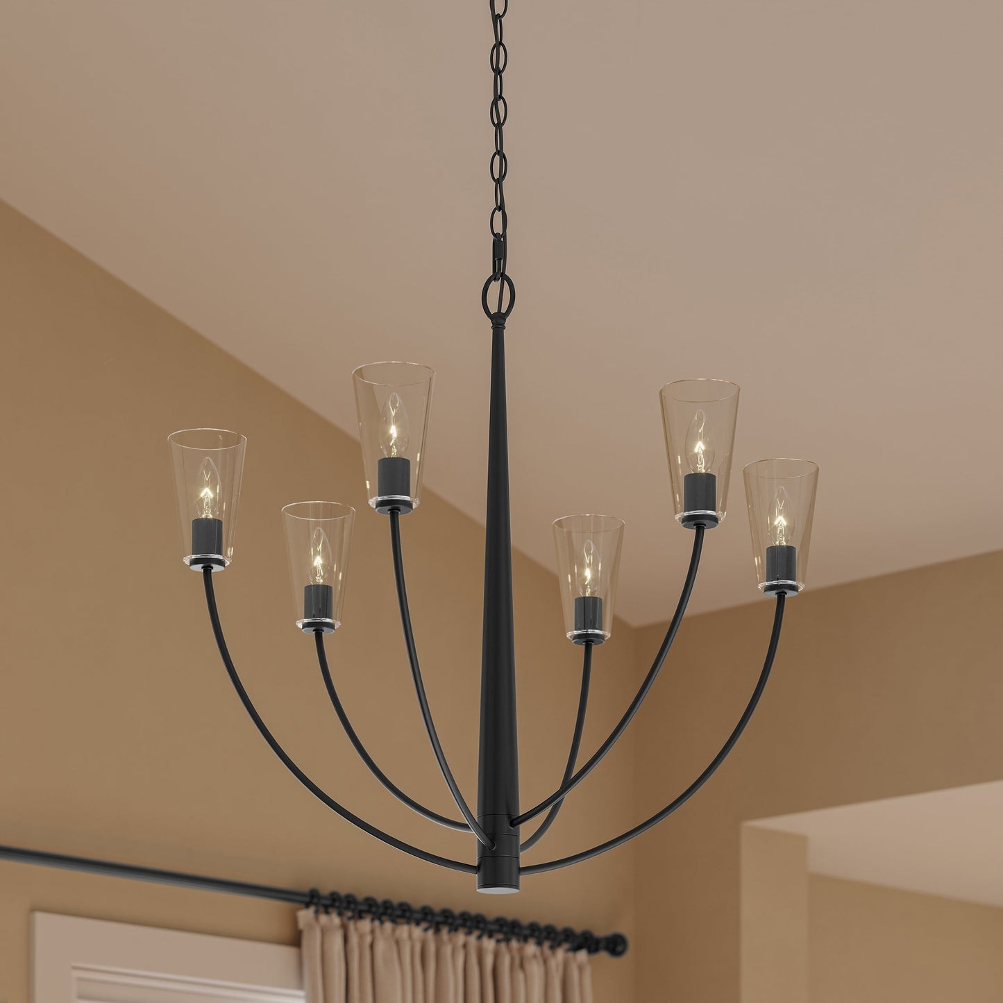 Progress Lighting P400454-31M Jheni 6 Light Matte Black Chandelier close-up detail view installed in a room