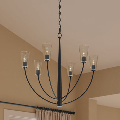 Progress Lighting P400454-31M Jheni 6 Light Matte Black Chandelier close-up detail view installed in a room