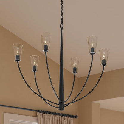 Progress Lighting P400455-31M Jheni 6 Light Matte Black Chandelier Installed in Living Room - Lifestyle Shot
