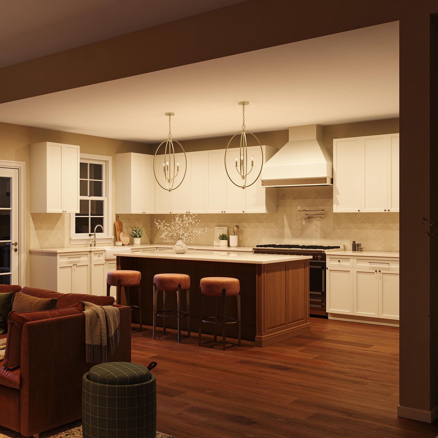 Progress Lighting P500513-191 Jheni Brushed Gold Foyer Pendant Shown in Kitchen Living Area Lifestyle Night View