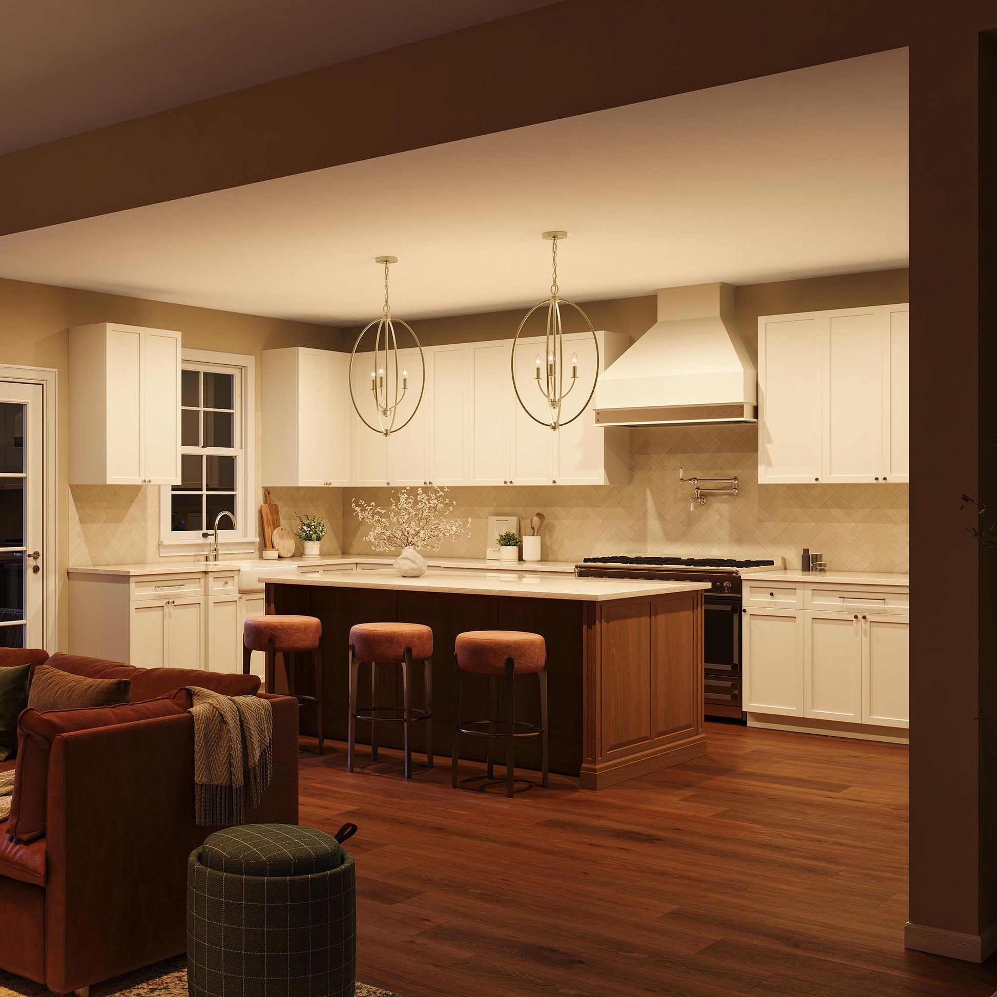 Progress Lighting P500513-191 Jheni Brushed Gold Foyer Pendant Shown in Kitchen Living Area Lifestyle Night View