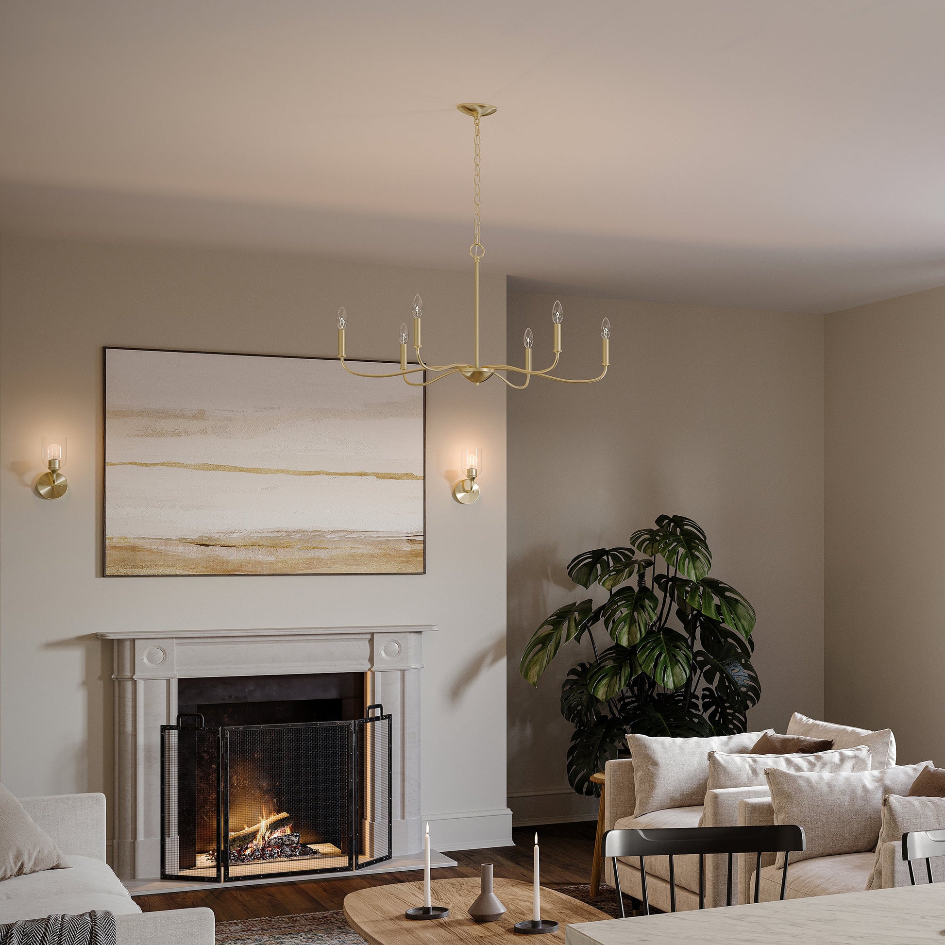 Progress Lighting Ilia P400463-191 Brushed Gold Chandelier installed in a living room setting