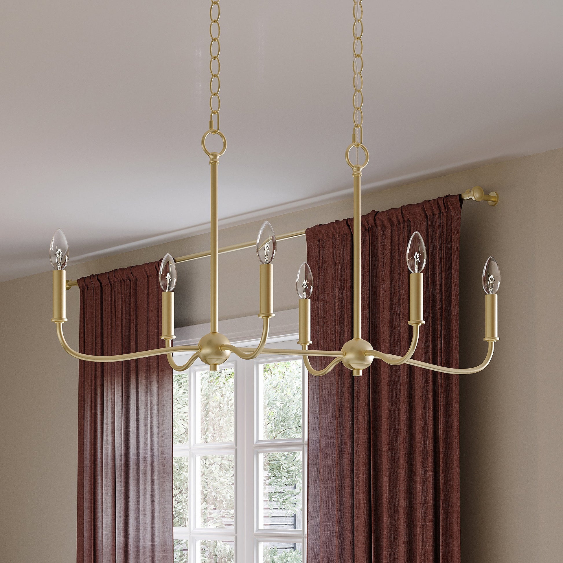 Progress Lighting P400466-191 Ilia Brushed Gold Linear Chandelier Close-Up Detail in Room Setting