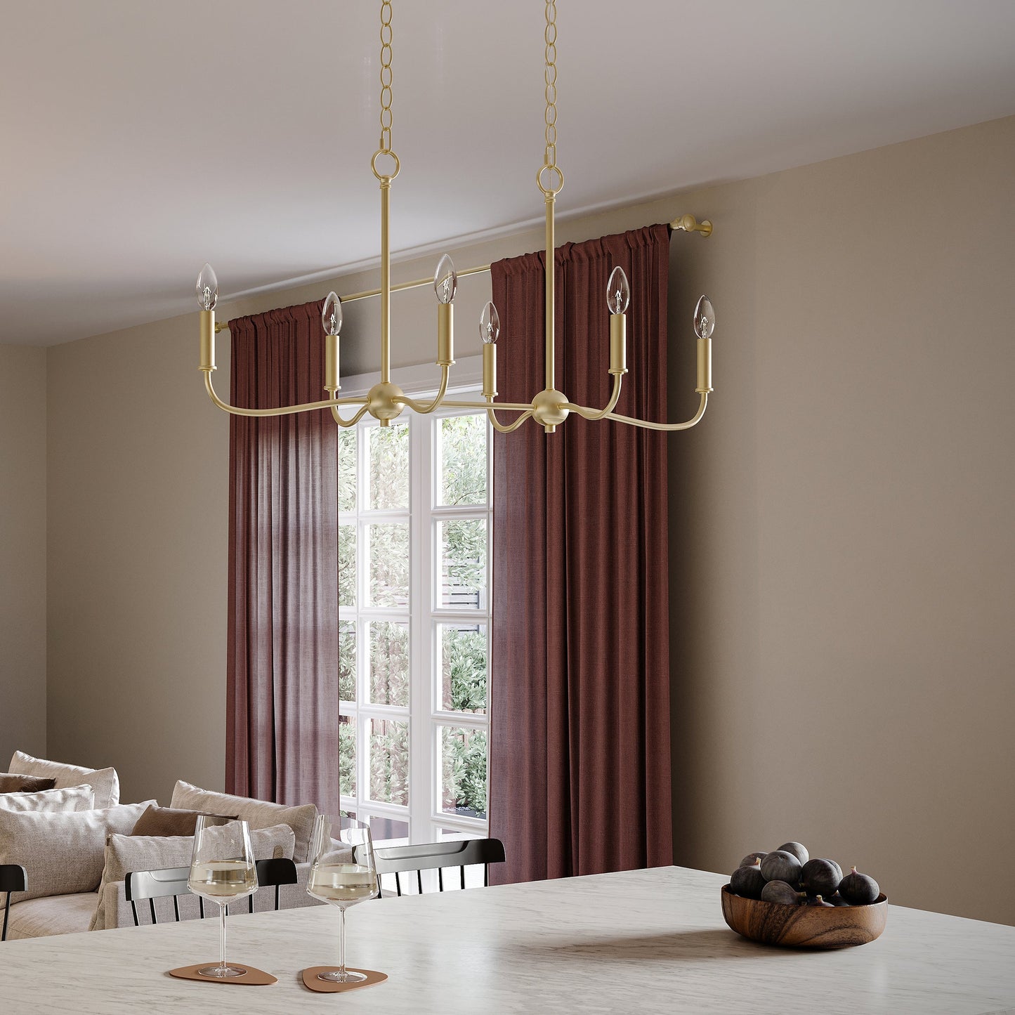 Progress Lighting P400466-191 Ilia Brushed Gold Linear Chandelier Shown in Dining Room Setting