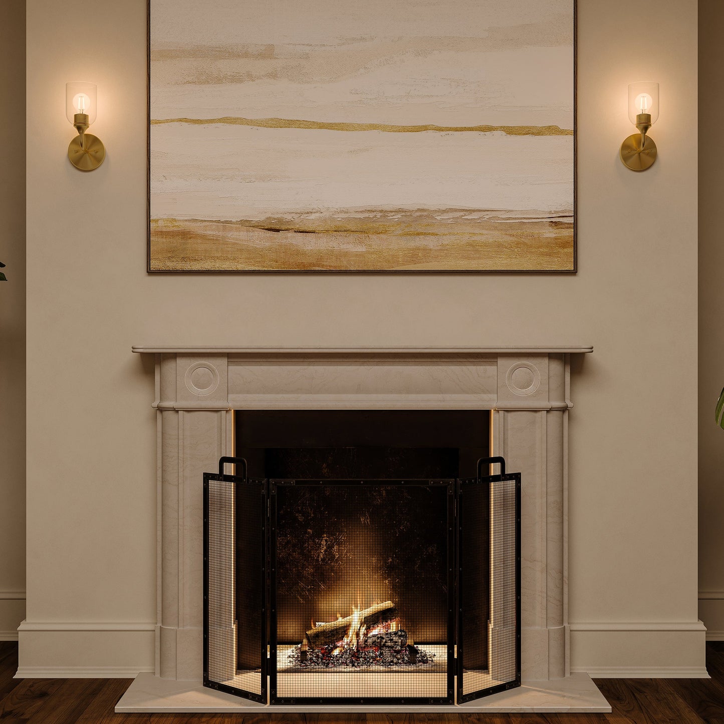 Ilia wall sconces lit in living room night setting