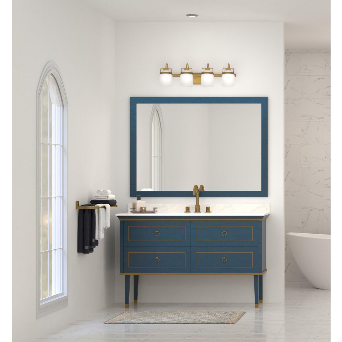 Progress Lighting P300441-163 Fessler 4 light vintage brass bath vanity wall light in bathroom setting