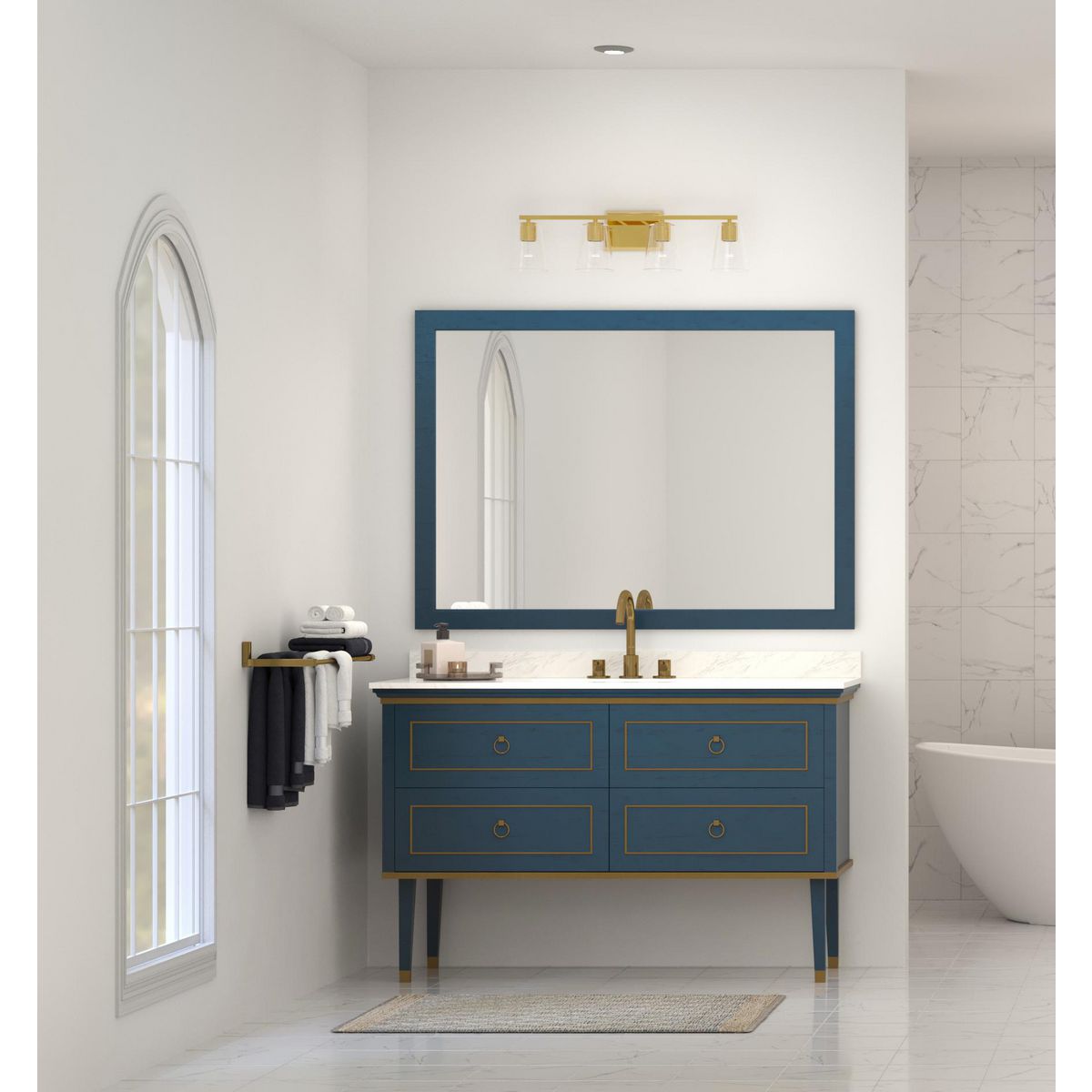 Progress Lighting P300460-191 Vertex 4 Light Brushed Gold Bath Vanity Wall Light in bathroom setting