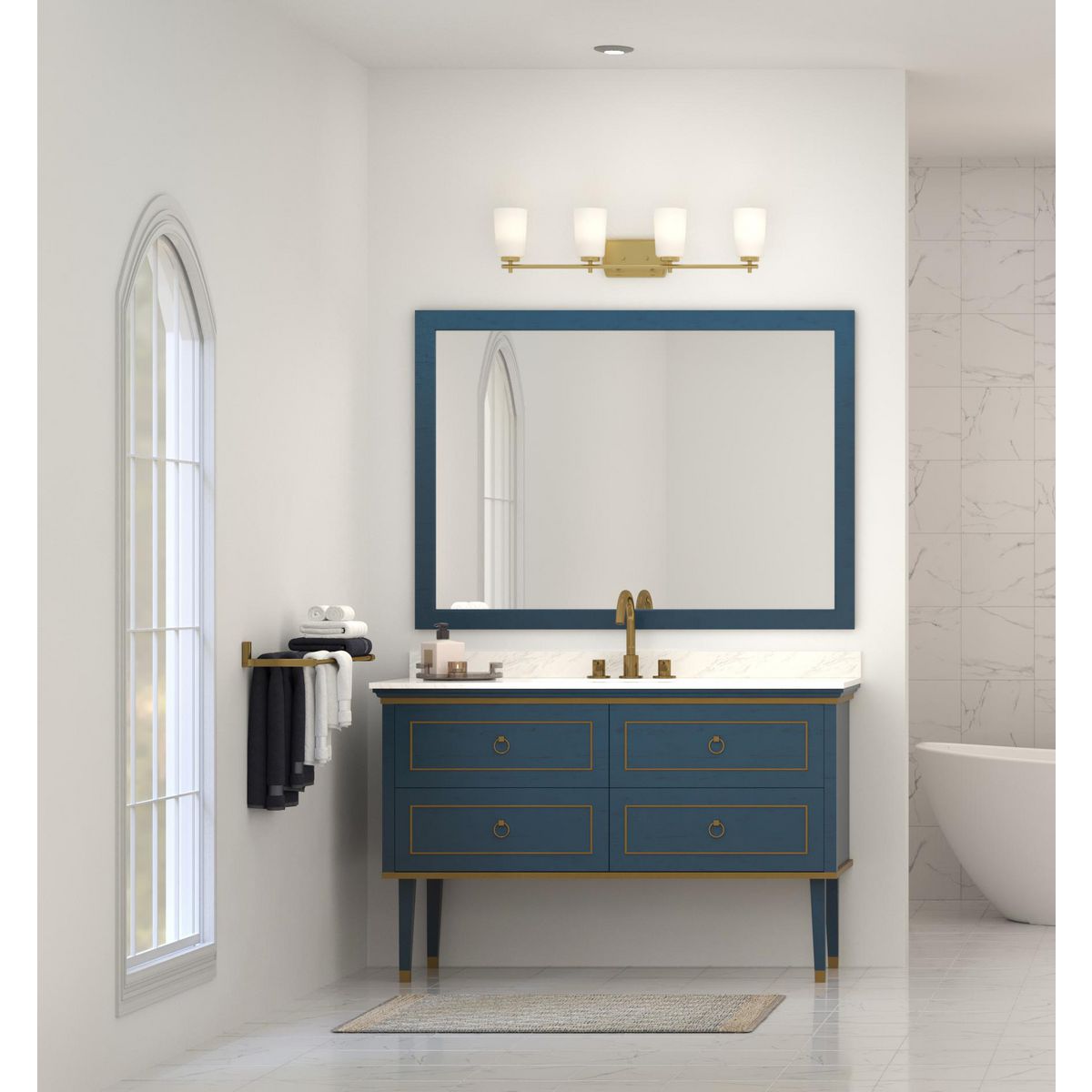 Progress Lighting P300468-012 Adley 4 Light Satin Brass Bath Vanity Wall Light installed above bathroom mirror vanity lifestyle view