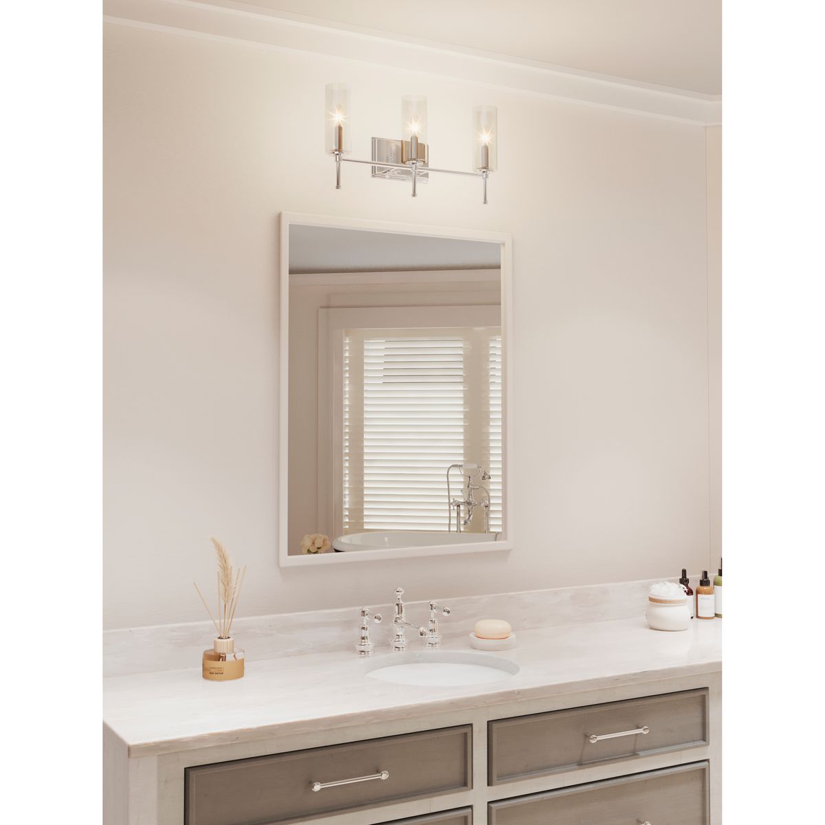 Progress Lighting P300358-009 Elara 3-Light Brushed Nickel Bath Vanity Wall Light - Lifestyle Application Shot