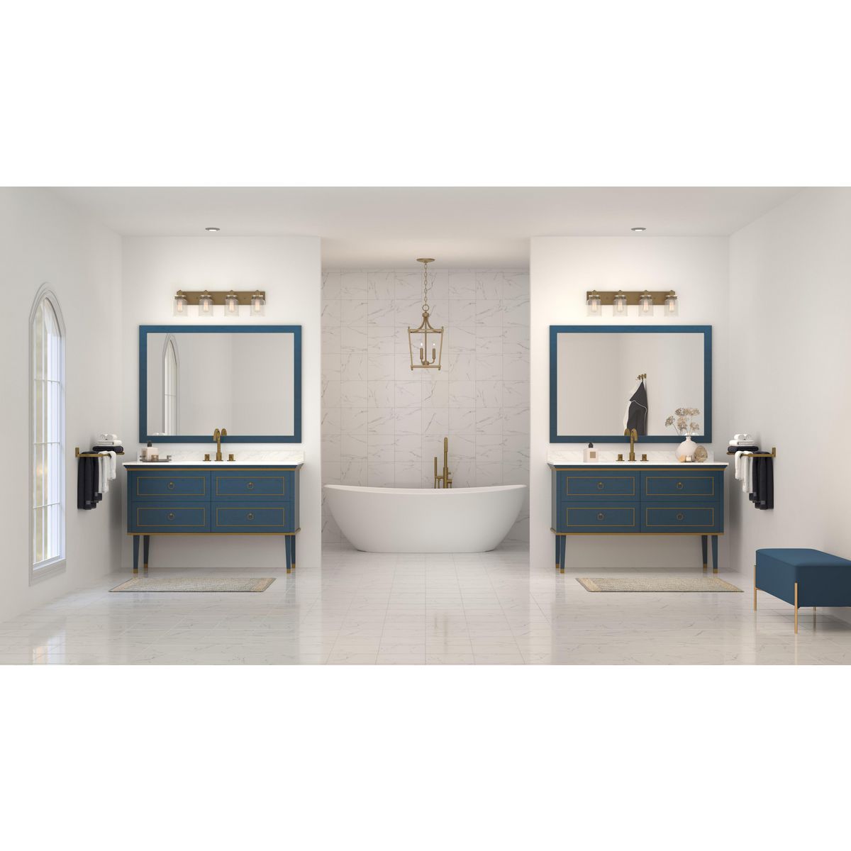 Progress Lighting P300048-163 Calhoun 4 light vintage brass bath vanity wall light in bathroom setting