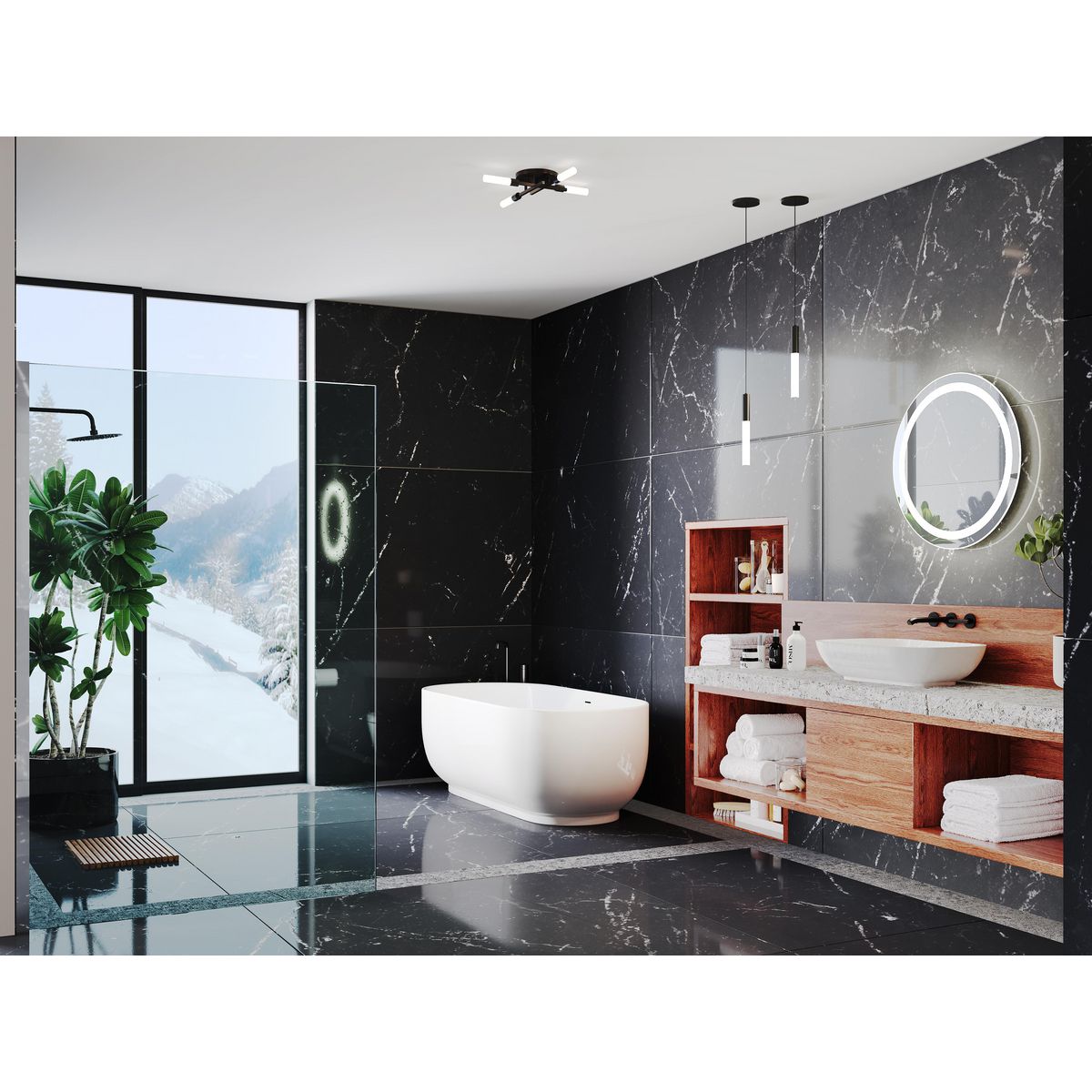 Progress Lighting Captiva LED round illuminated white mirror in bathroom