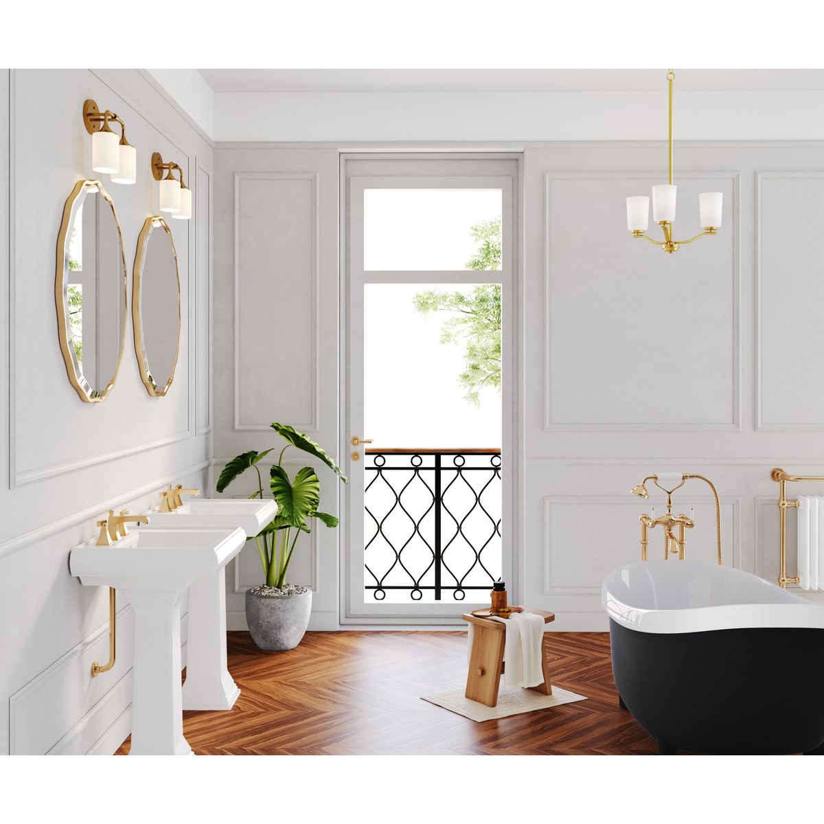 Progress Lighting Lynzie brushed gold bath vanity wall light in bathroom setting
