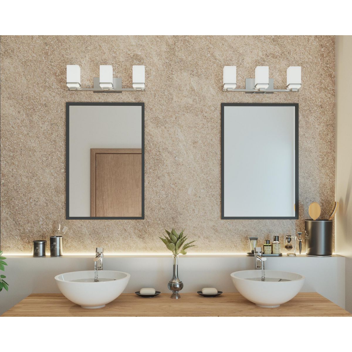 Progress Lighting Metric brushed nickel bath vanity wall light installed above bathroom mirrors