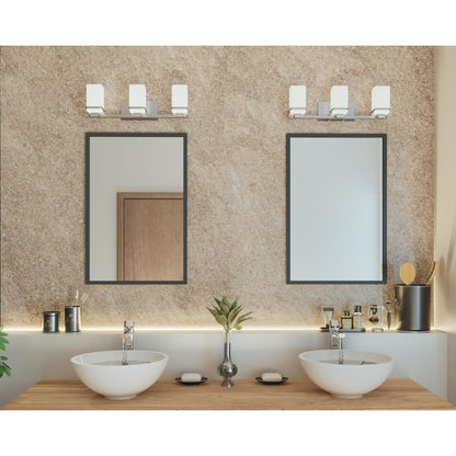 Progress Lighting Metric brushed nickel bath vanity wall light installed above bathroom mirrors