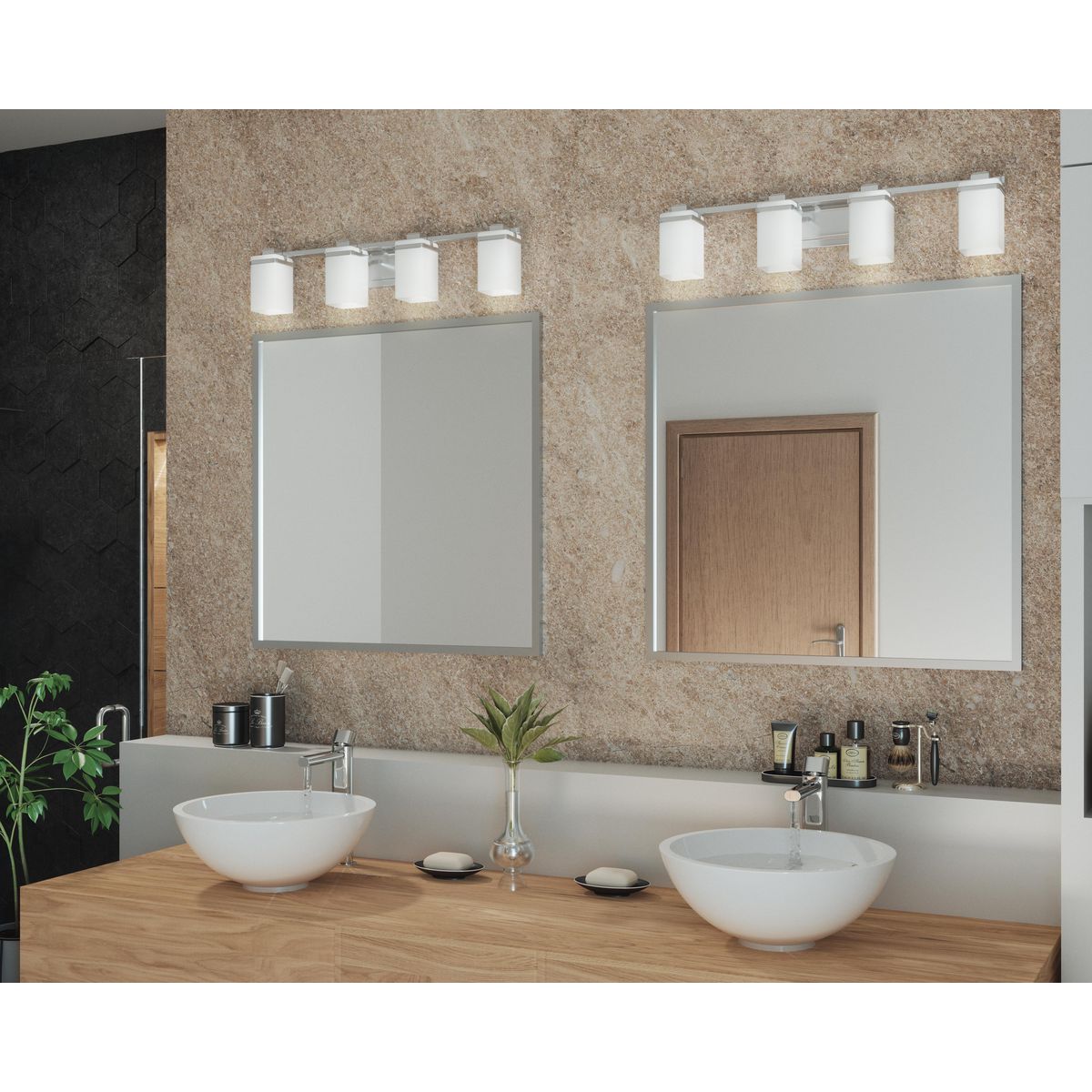 Progress Lighting P2196-09 Metric 4 light brushed nickel bath vanity wall light in bathroom setting