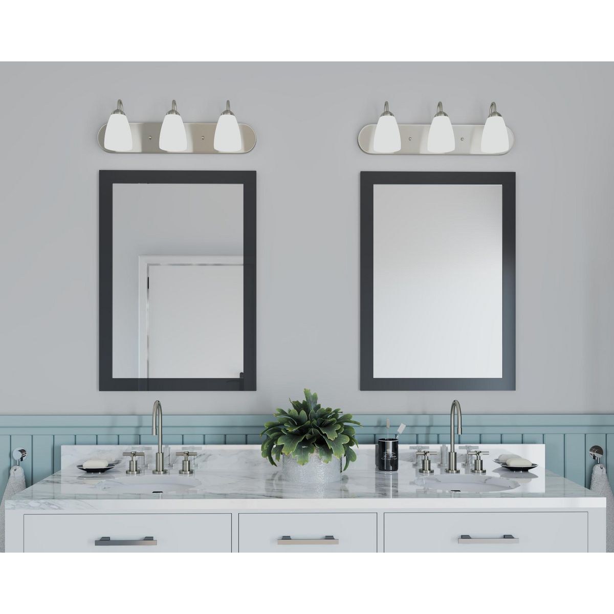 Progress Lighting P2708-09 Gather 3 light bath vanity wall light installed above bathroom mirrors