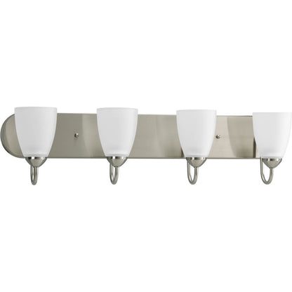 Progress Lighting Gather 4 light brushed nickel bath vanity wall light with etched glass shades