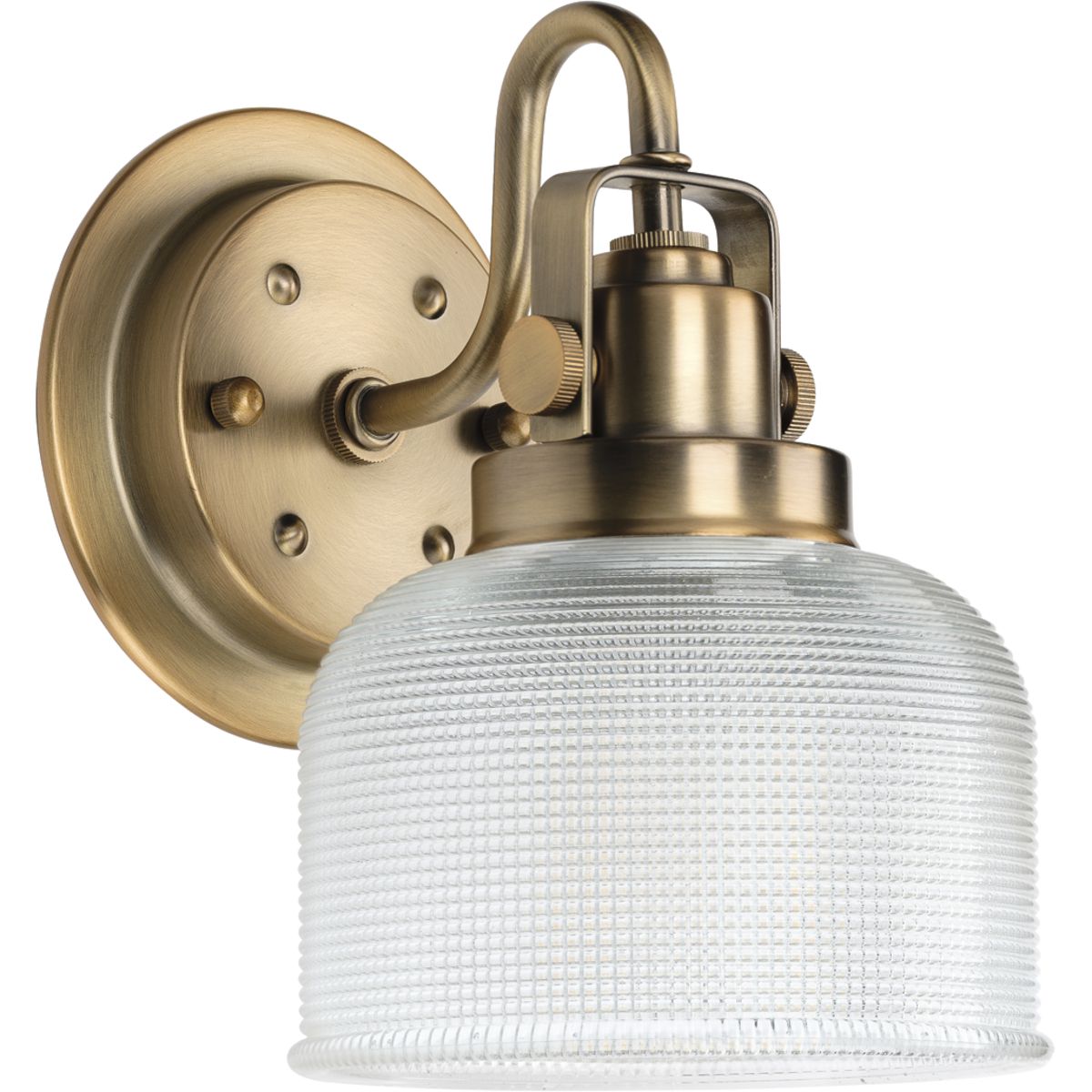 Progress Lighting Archie 1 light vintage brass bath vanity wall light with clear prismatic glass shade