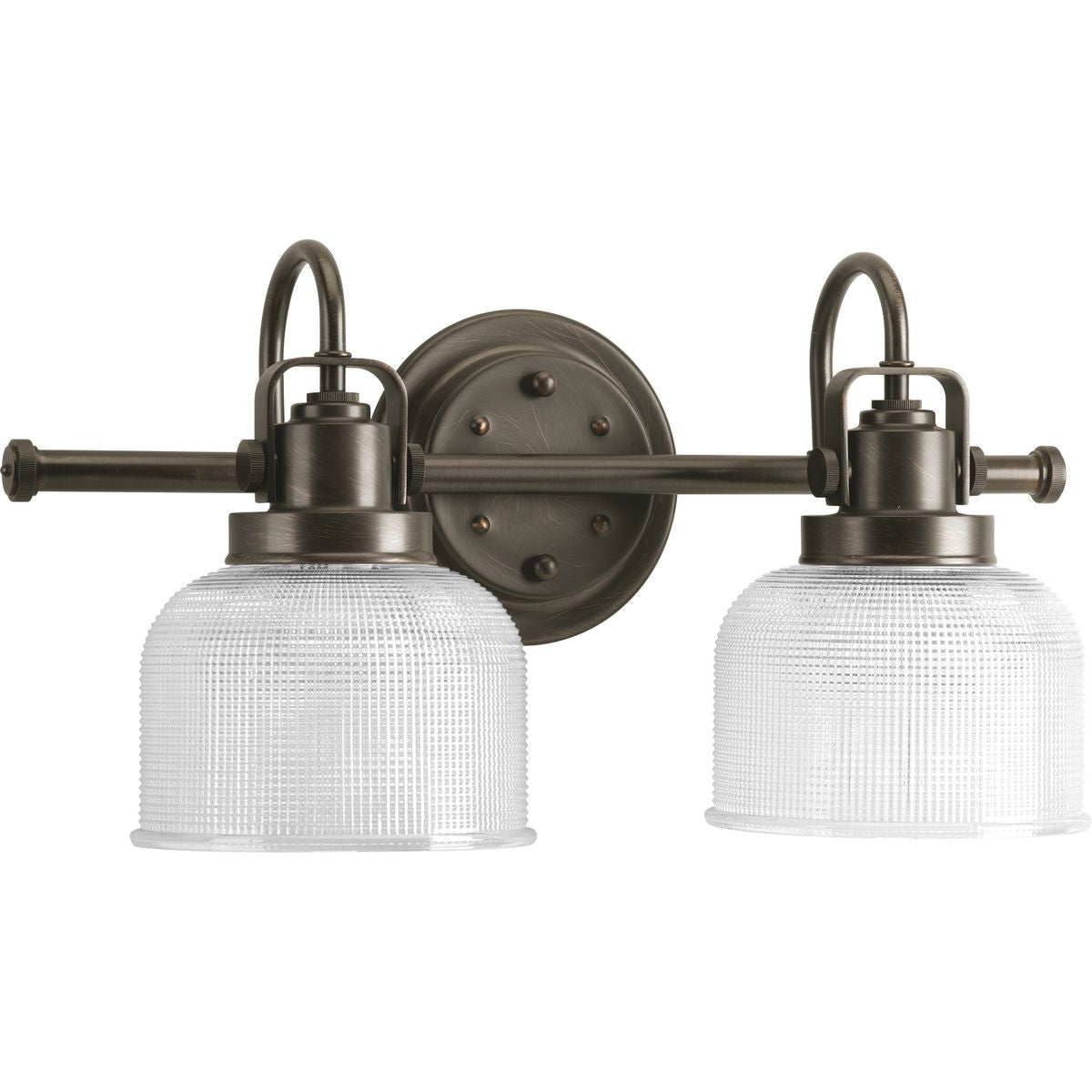 Progress Lighting Archie 2 light Venetian Bronze bath vanity wall light with clear prismatic glass shades