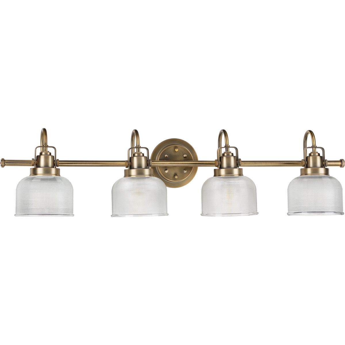 Progress Lighting Archie 4 light vintage brass bath vanity wall light with clear prismatic glass shades