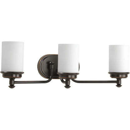 Progress Lighting Glide 3 light rubbed bronze bath vanity wall light with etched opal glass