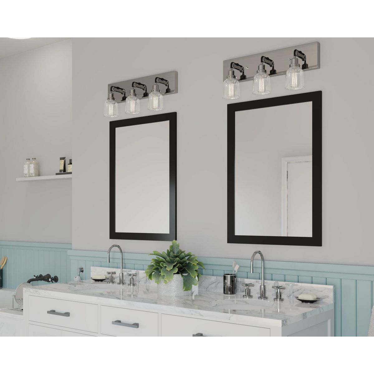 Progress Lighting Rushton 3 light brushed nickel bath vanity wall light in bathroom setting