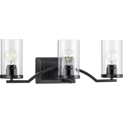 Progress Lighting Lassiter 3 light matte black bath vanity wall light with clear glass shades