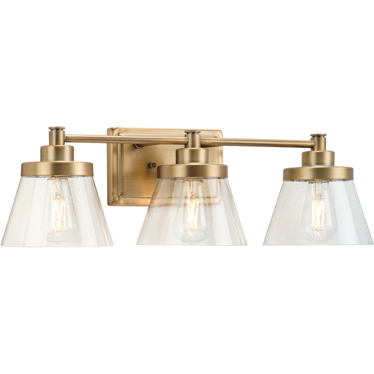 Progress Lighting Hinton 3 light vintage brass bath vanity wall light with clear seeded glass shades
