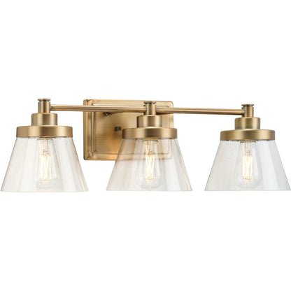 Progress Lighting Hinton 3 light vintage brass bath vanity wall light with clear seeded glass shades