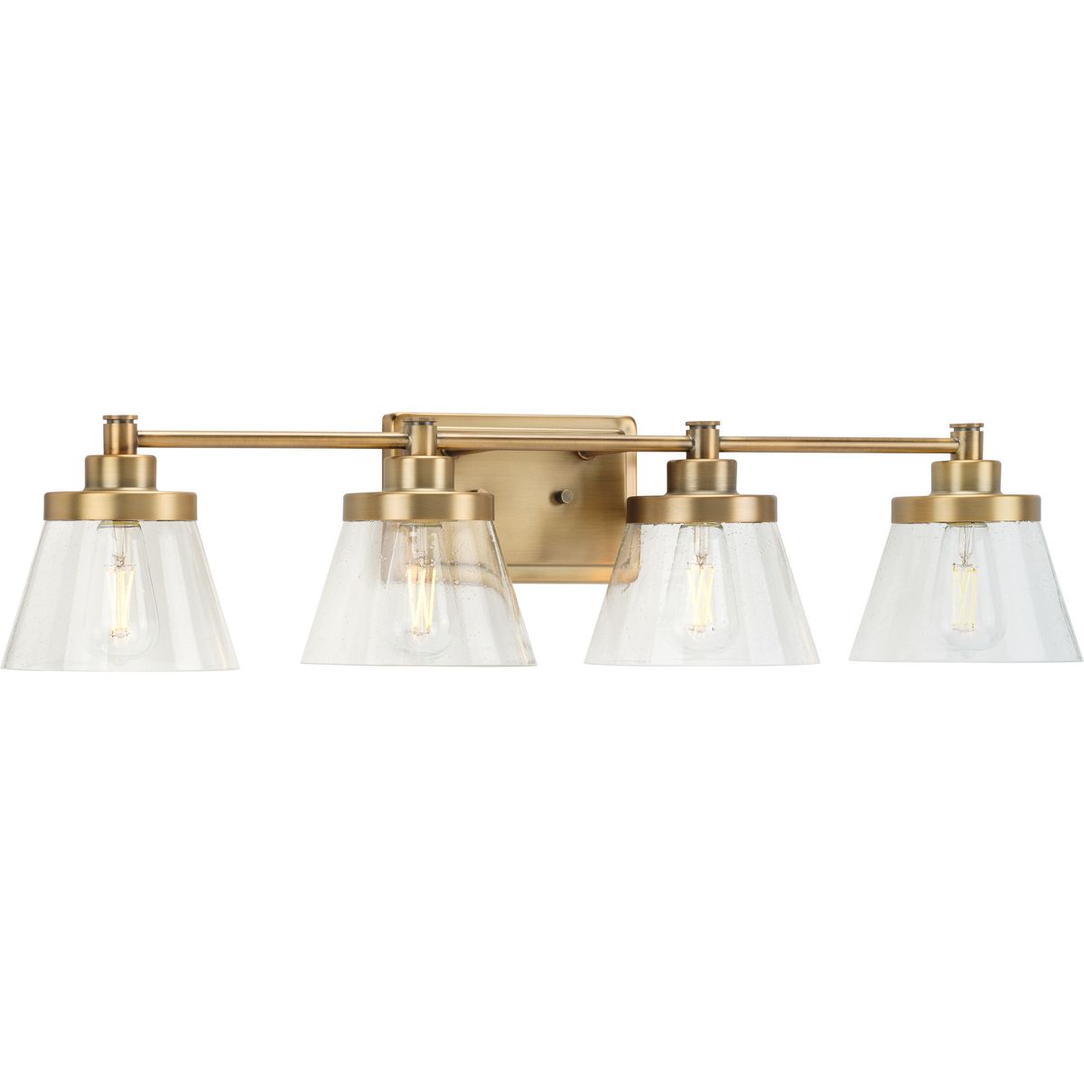Progress Lighting Hinton 4 light vintage brass bath vanity wall light with clear seeded glass shades