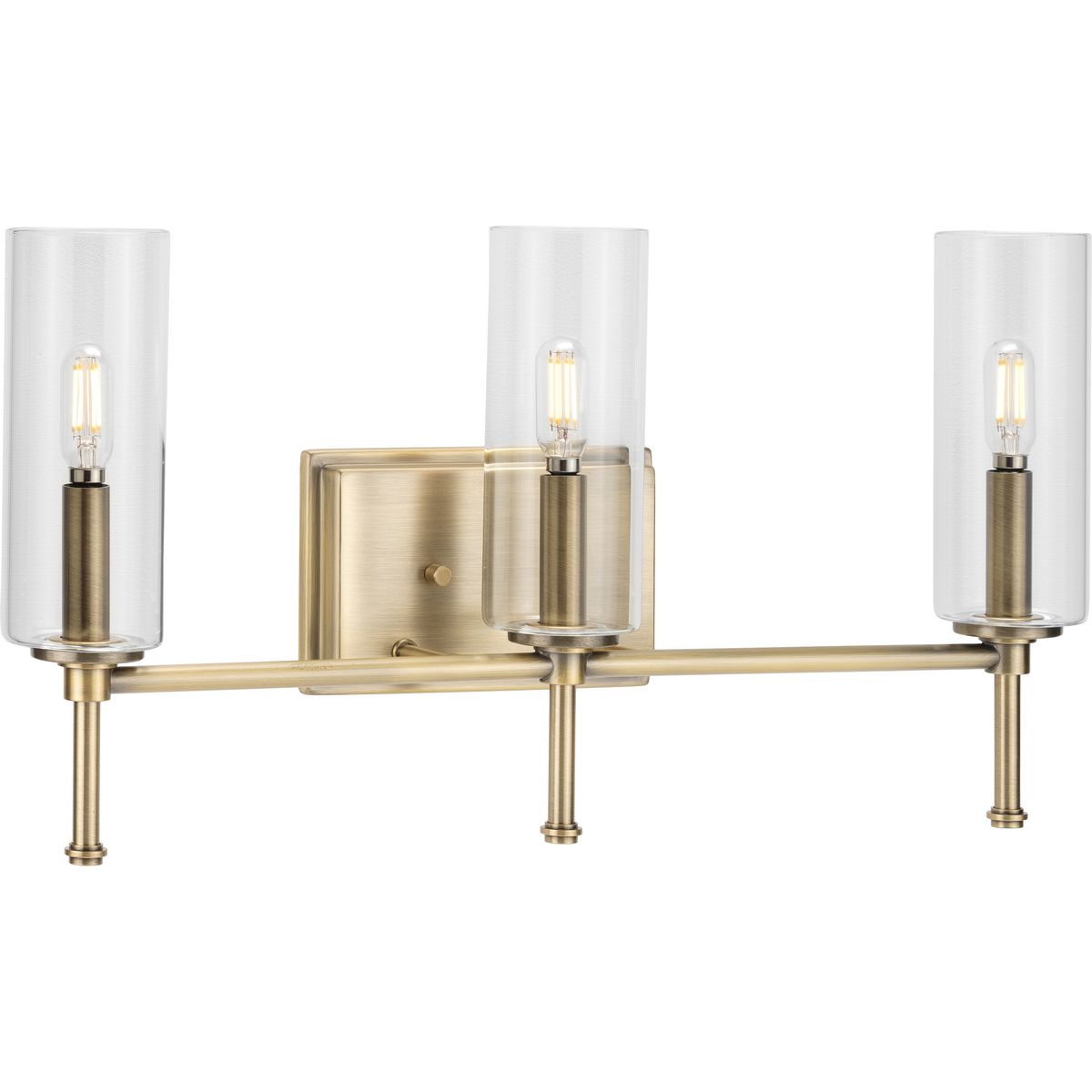 Progress Lighting P300358-163 Elara 3-Light Vintage Brass Bath Vanity Wall Light with Clear Glass Cylindrical Shades