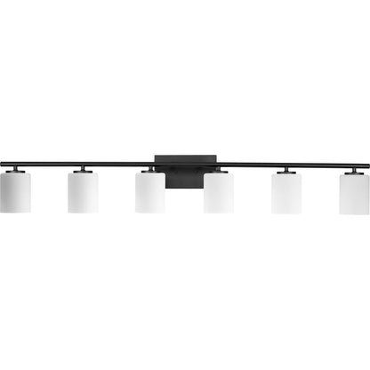 Progress Lighting Replay 6 light black bath vanity wall light with etched white glass shades