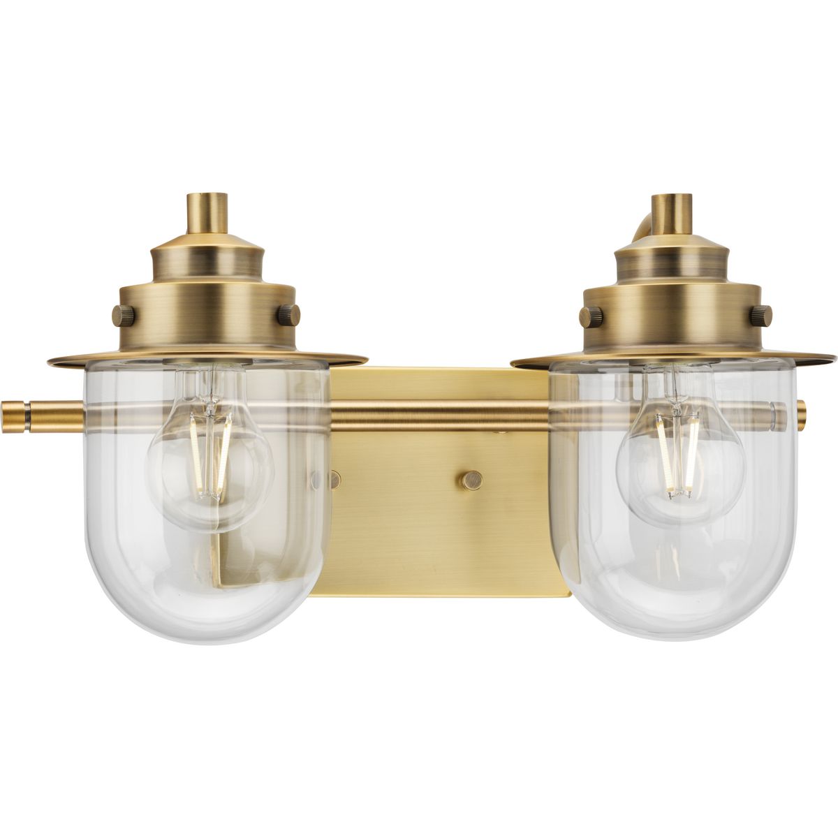 Progress Lighting Northlake 2 light bath vanity wall light in vintage brass with clear glass