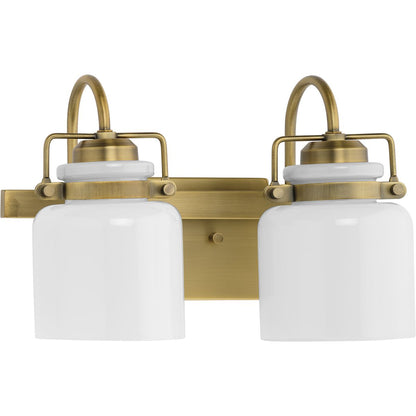 Progress Lighting Fessler 2 light vintage brass bath vanity wall light with opal glass shades