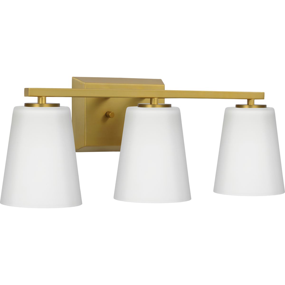 Progress Lighting Vertex 3 light brushed gold bath vanity wall light with etched white glass