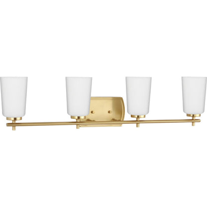 Progress Lighting P300468-012 Adley 4 Light Satin Brass Bath Vanity Wall Light with Etched Opal Glass Shades