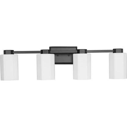 Progress Lighting Estrada 4 light matte black bath vanity wall light with white glass shades