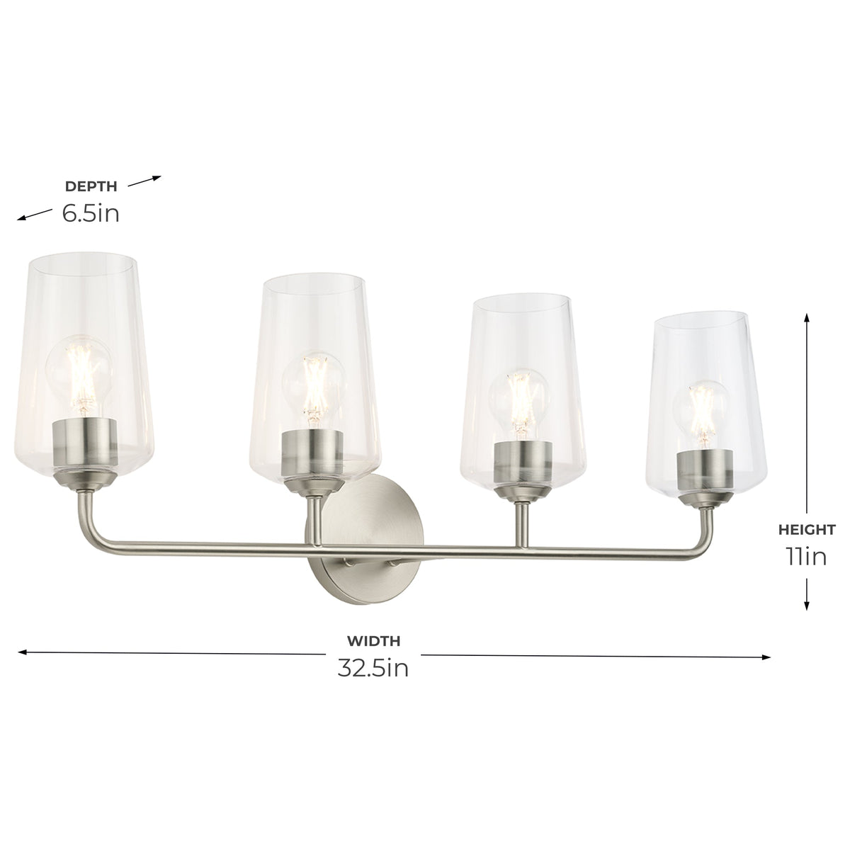 Side detail of brushed nickel Celino 4 light bath vanity wall light