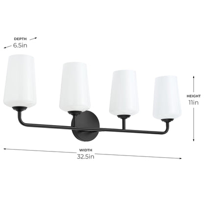 Progress Lighting P300545-031 Celino 4 light black bath vanity wall light illuminated glass shade detail