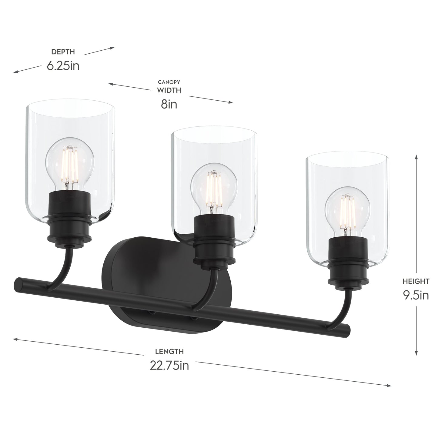 Progress Lighting P300567-31M Reines 3 Light Matte Black Bath Vanity Wall Light - Dimensions Diagram