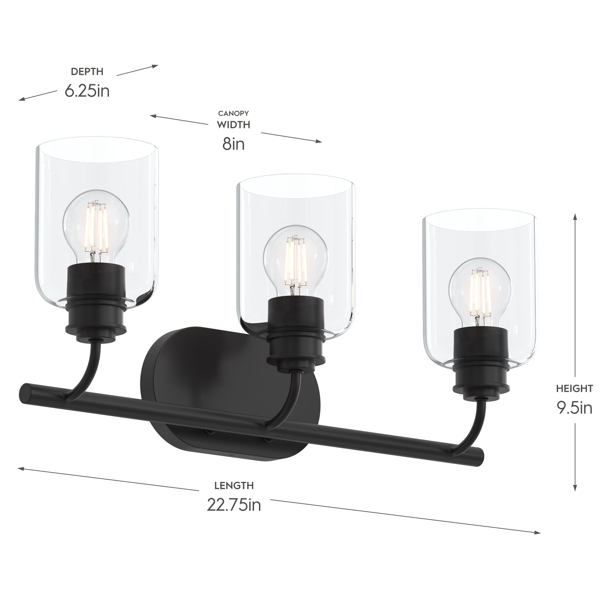 Progress Lighting P300567-31M Reines 3 Light Matte Black Bath Vanity Wall Light - Dimensions Diagram