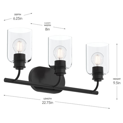 Progress Lighting P300567-31M Reines 3 Light Matte Black Bath Vanity Wall Light - Dimensions Diagram