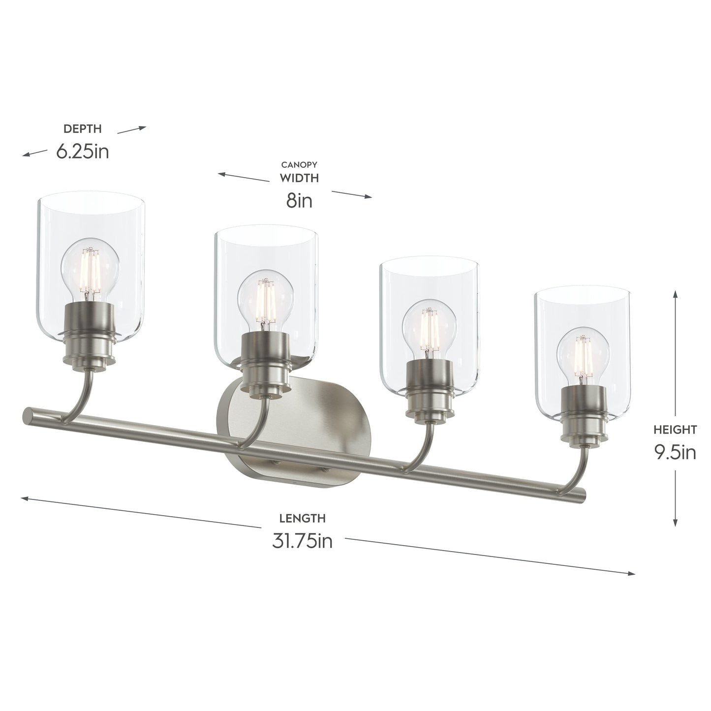 Progress Lighting P300568-009 Reines 4 Light Bath Vanity dimensions diagram - 31.75in length, 9.5in height, 6.25in depth