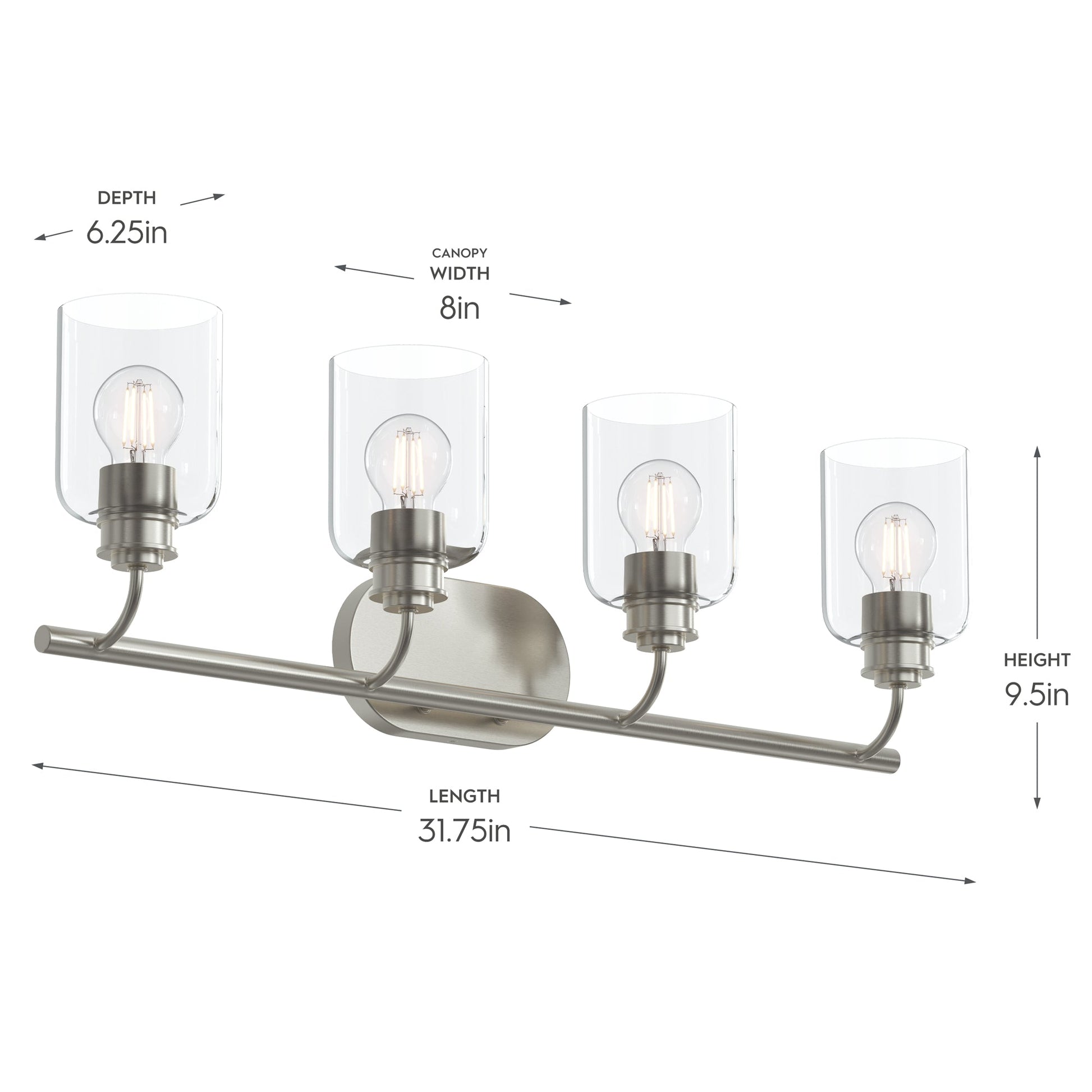 Progress Lighting P300568-009 Reines 4 Light Bath Vanity dimensions diagram - 31.75in length, 9.5in height, 6.25in depth