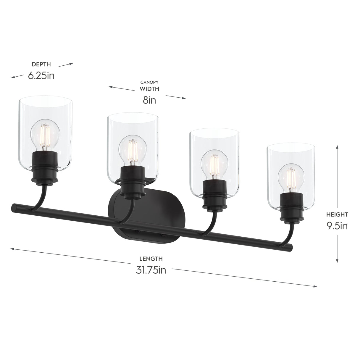 Progress Lighting P300568-31M Reines Matte Black Bath Vanity Wall Light - Dimensions Diagram