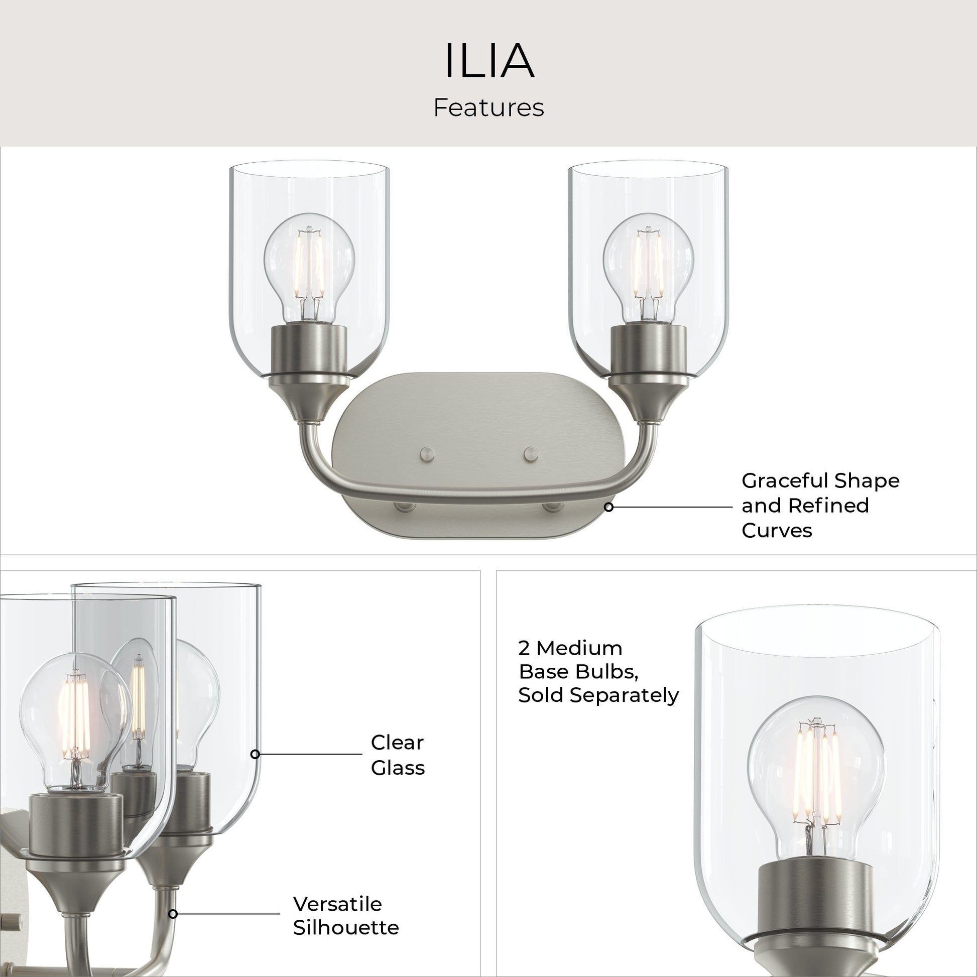 Progress Lighting P300572-009 Ilia Bath Vanity Features Infographic - Clear Glass, Versatile Silhouette, Graceful Curves