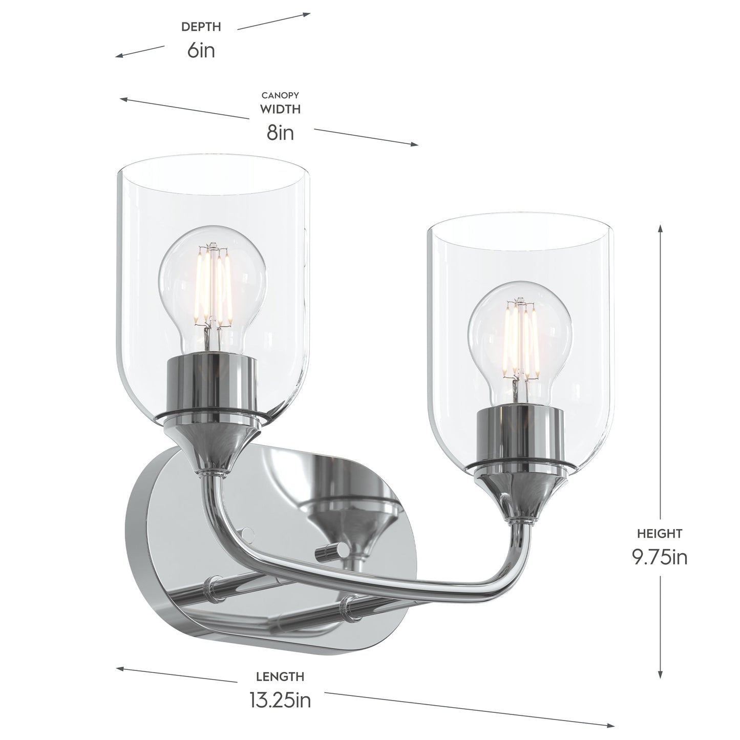 Progress Lighting P300572-015 Ilia 2 Light Polished Chrome Bath Vanity Wall Light - Dimensions Diagram