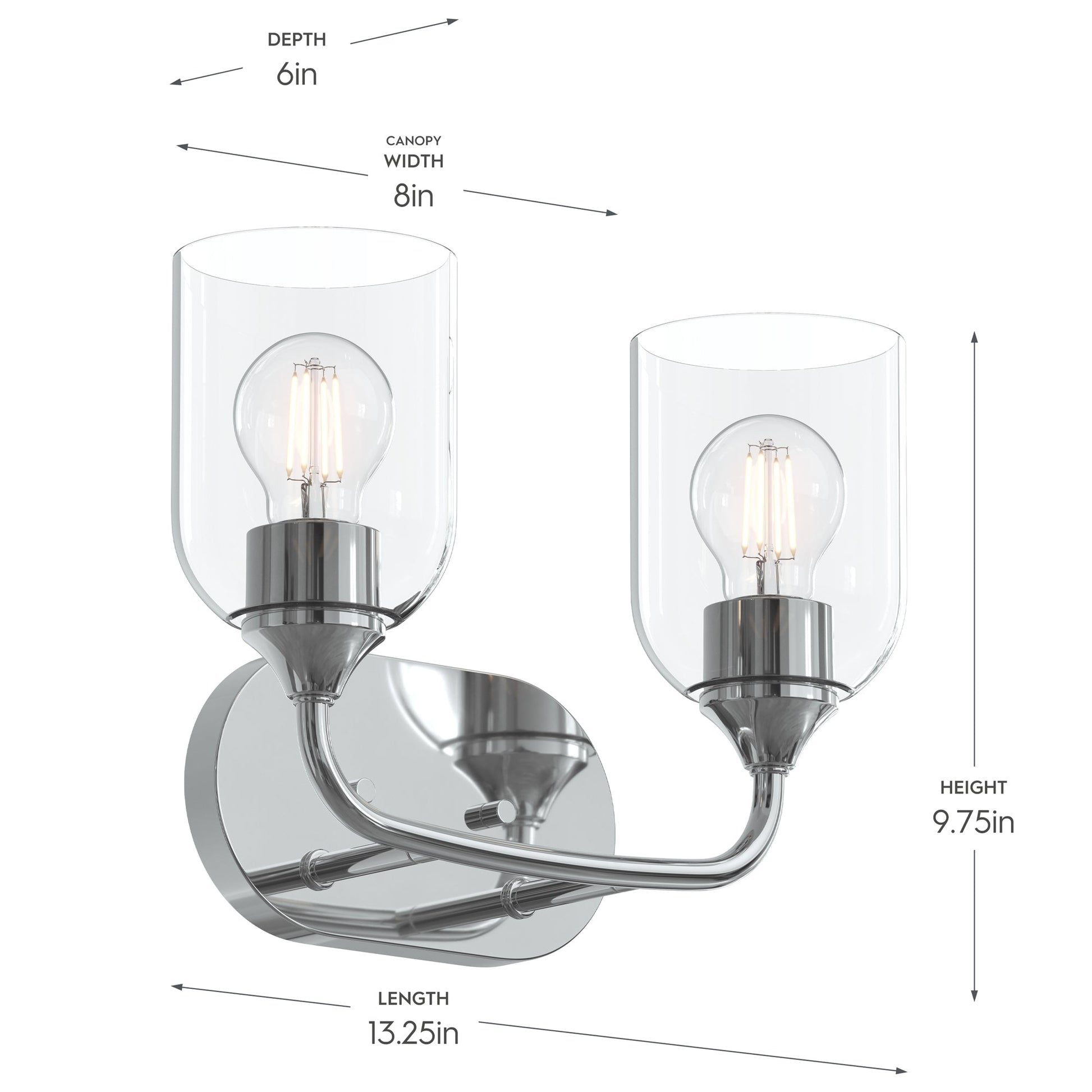 Progress Lighting P300572-015 Ilia 2 Light Polished Chrome Bath Vanity Wall Light - Dimensions Diagram