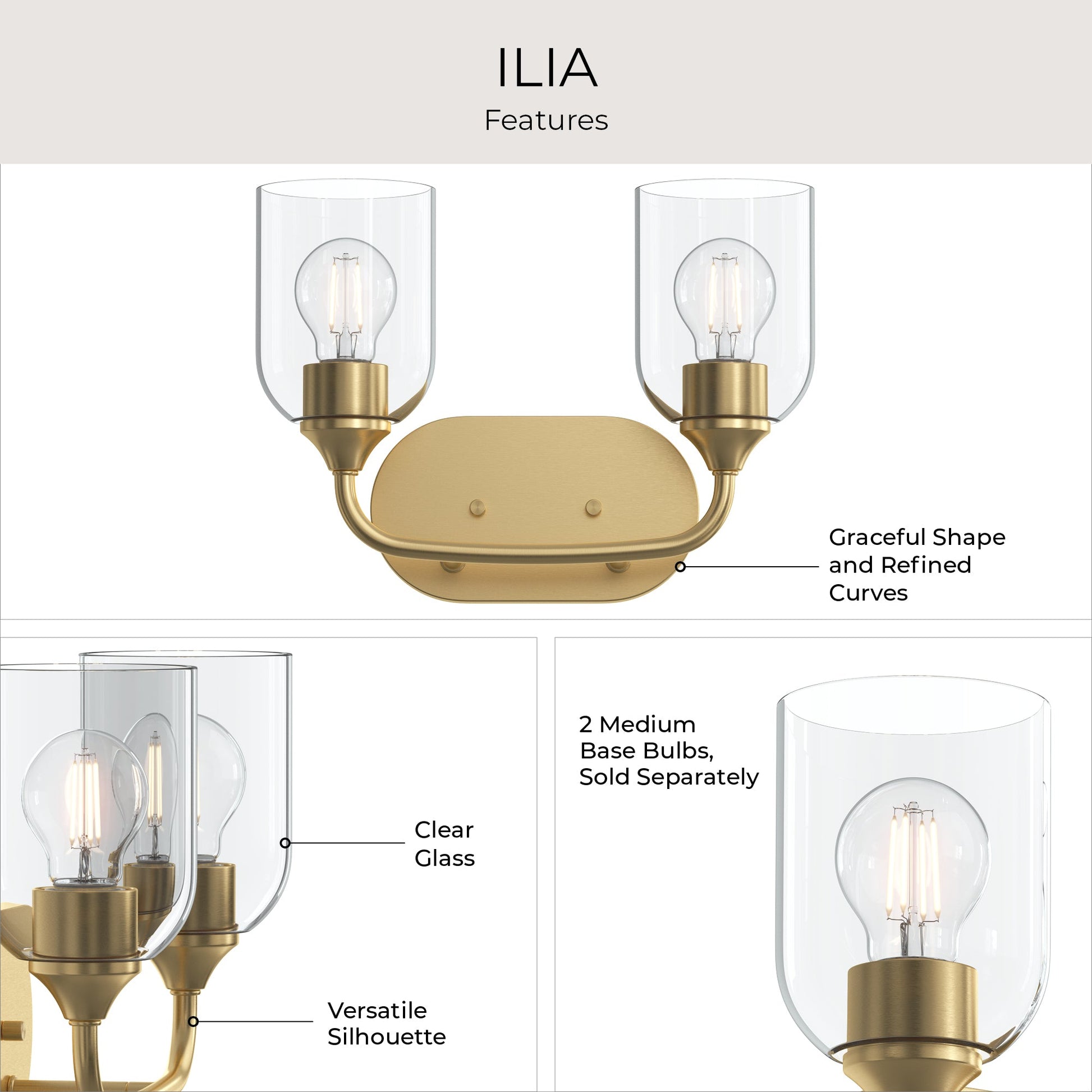 Progress Lighting P300572-191 Ilia Bath Vanity Feature Infographic - Clear Glass Versatile Silhouette Graceful Curves