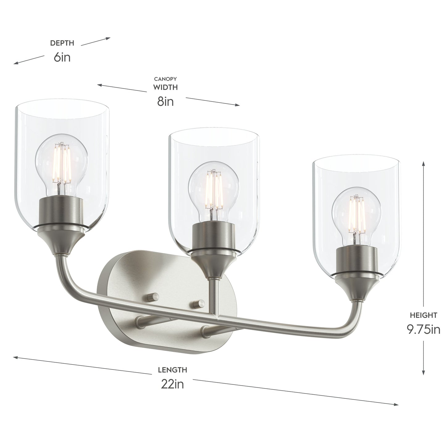 Progress Lighting P300573-009 Ilia 3 Light Brushed Nickel Bath Vanity Wall Light - Dimensions: 22in Length, 9.75in Height, 6in Depth, 8in Canopy Width